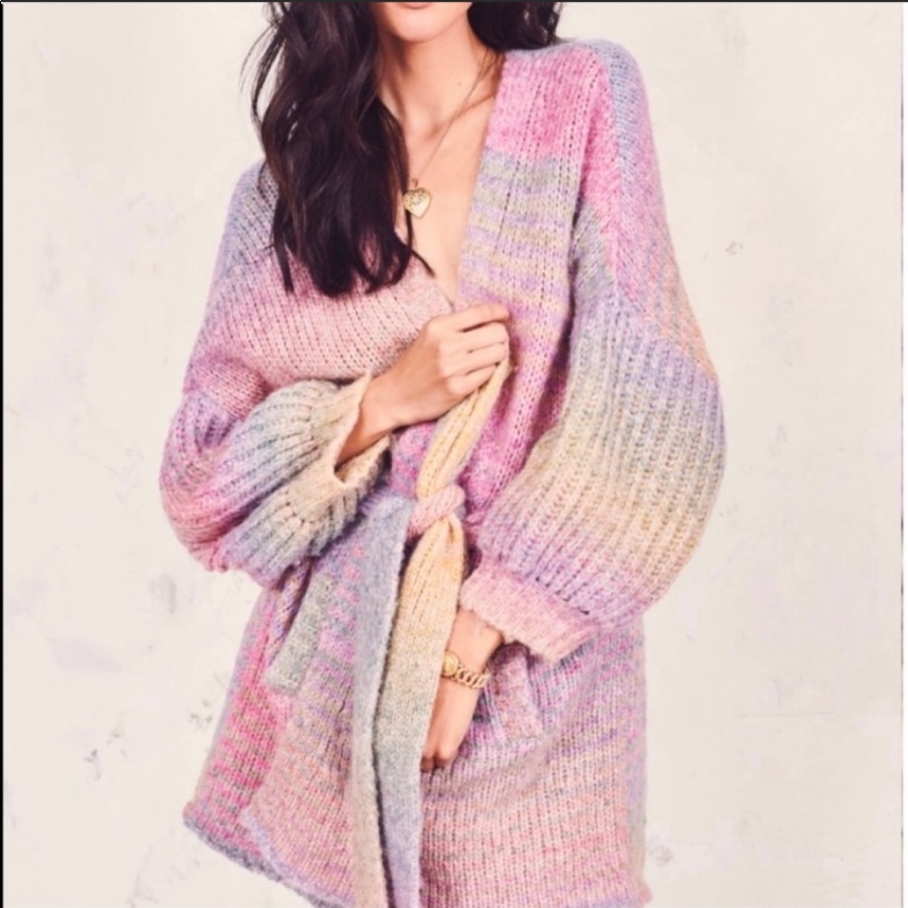 LoveShackFancy Brady Shawl Rainbow Knit Belted Cardigan Sweater
